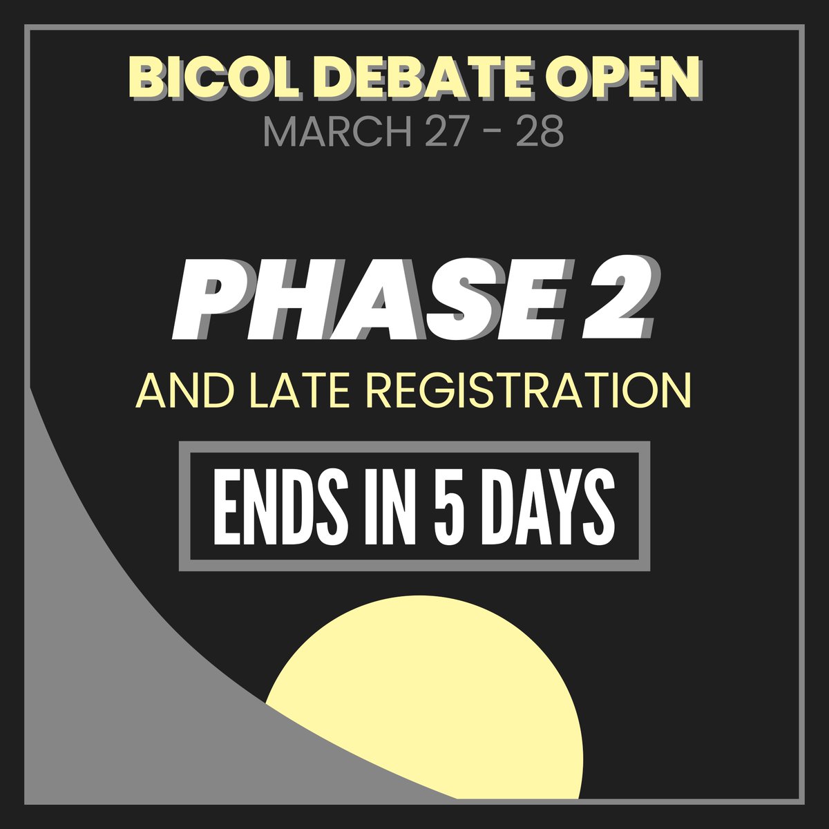 _OfficialBDU's tweet photo. Only 5 DAYS left before Phase 2 and Late Registration close on March 10! 

For questions, kindly email us at bdoofficial2021@gmail.com or send a message on our Facebook Page (@BicolDebate). 

#6thBDO https://t.co/Mh6ESjm6Ts
