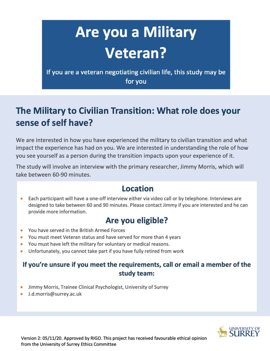 I'm recruiting military veterans for my thesis exploring the military to civilian transition. If you are a military veteran and would like to take part in research regarding your transition, please take part and share with others! To express interest click surreyfahs.eu.qualtrics.com/jfe/form/SV_2t…