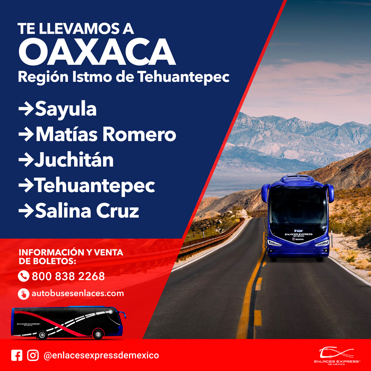 DeEnlaces's tweet photo. Te llevamos a Oaxaca región Istmo de Tehuantepec. Compra tus boletos en sucursal ó llamando a nuestro contact center. 

Llámanos para pedir más información de precios y horarios:
800 838 2268
WhatsApp
56  2621 3696
Compra tus boletos en línea:
💻  https://t.co/g0UNUp0qX1 https://t.co/6EYcS4cZeY