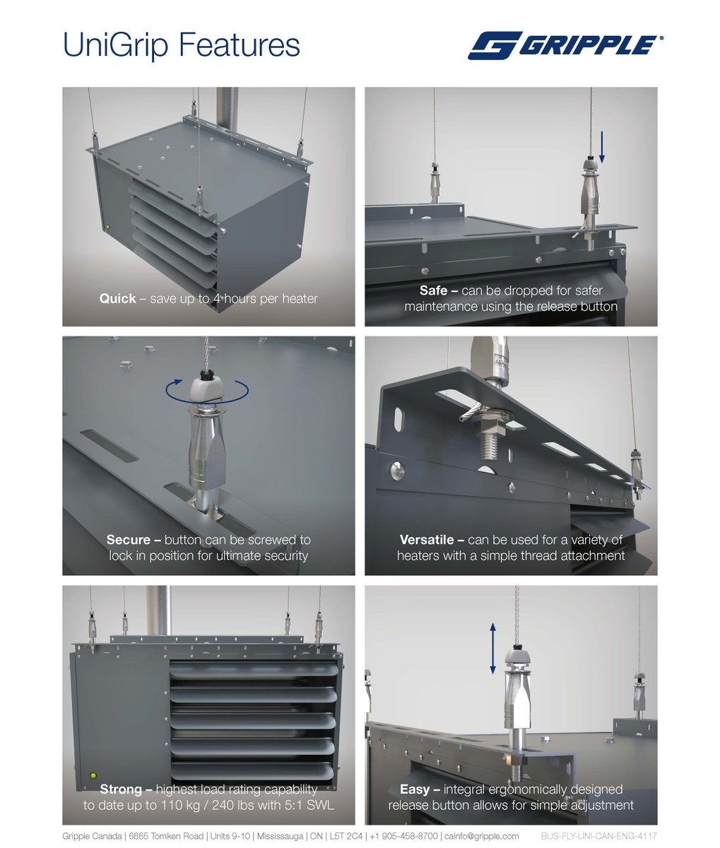 GrippleCanada's tweet photo. Install unit heaters safely and securely with UniGrip. 

This versatile hanger can sustain high loads and is fast &amp; easy to install. You can save up to 4 hours per unit heater installation!

Find out more : https://t.co/eChitwIAWL

#GrippleCanadaInc #Gripple #Construction https://t.co/GhP3eaORiR