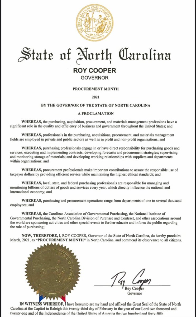 ServicesWake's tweet photo. March is Procurement Month in North Carolina. We are extremely proud of our department and this Proclamation from our Governor is a HUGE Honor!! 
@waketechcc @WakeTechPrez @DrGayleGreene https://t.co/m7cAJF1lDe