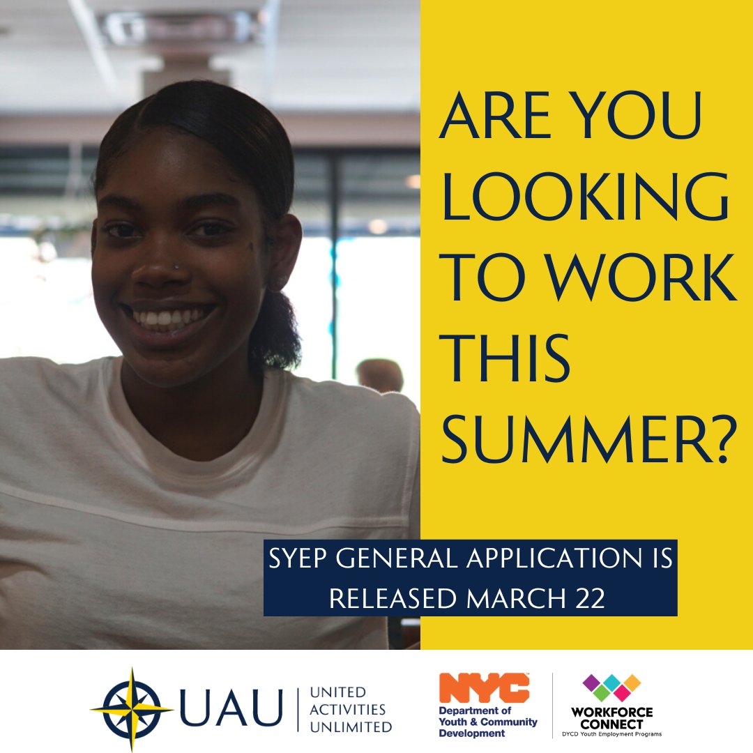 UAU_Inc's tweet photo. Keep an eye out for SYEP applications to be released!
The school based application is released March 15th and the general application is released March 22nd!
#UAU #SYEP #SummerYouthEmploymentProgram #WorkforceDevelopment #NYCYouth #SummerJob #Internship #Application https://t.co/CO87uKICQi