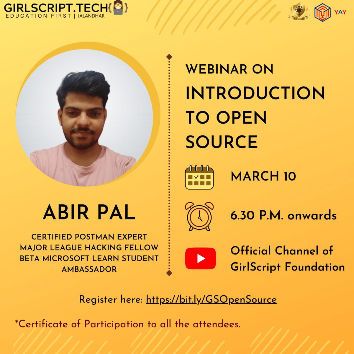 GirlScriptJal's tweet image. So what are you waiting  for❓Do register for the event on the link below and save the dates. Certificates will be provided to the attendees. SCHEDULE :
🗓Date : 9 March, 2021
⏳Time : 6:30 PM Onwards 
Location : YouTube
Registration link : bit.ly/GSOpenSource
@Girlscript1