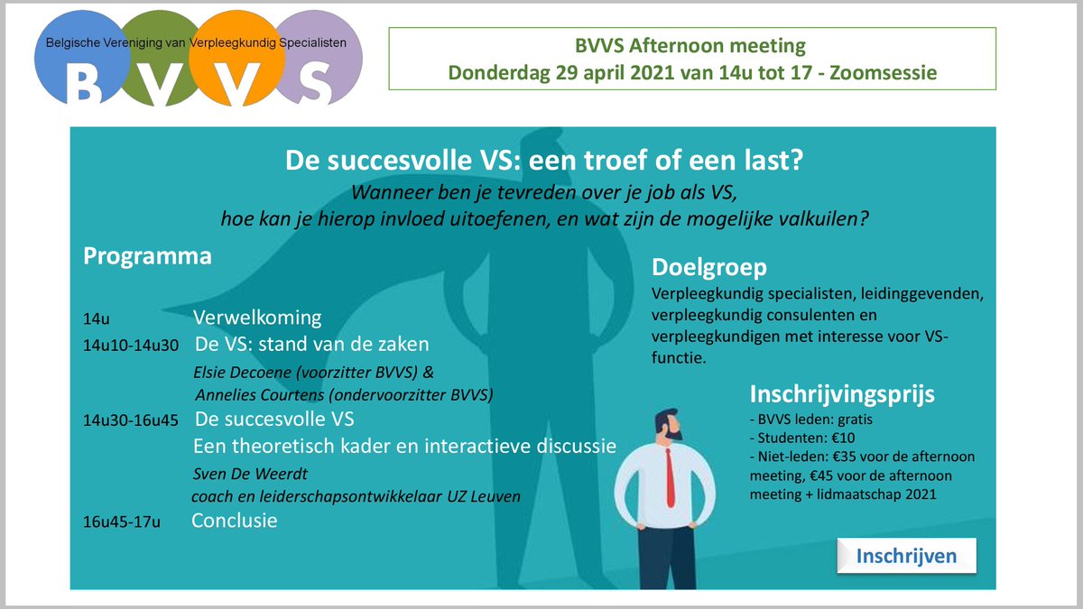 bvvs_abipa's tweet image. De jaarlijkse BVVS afternoon meeting op 29 april met als thema  "de succesvolle #verpleegkundigspecialist" een troef of een last ⁉️ Schrijf u nu in bvvs.be 📨 @AUVBUGIBAKVB @accentvv @UCVVGent @NVKVVnetwerkVPK