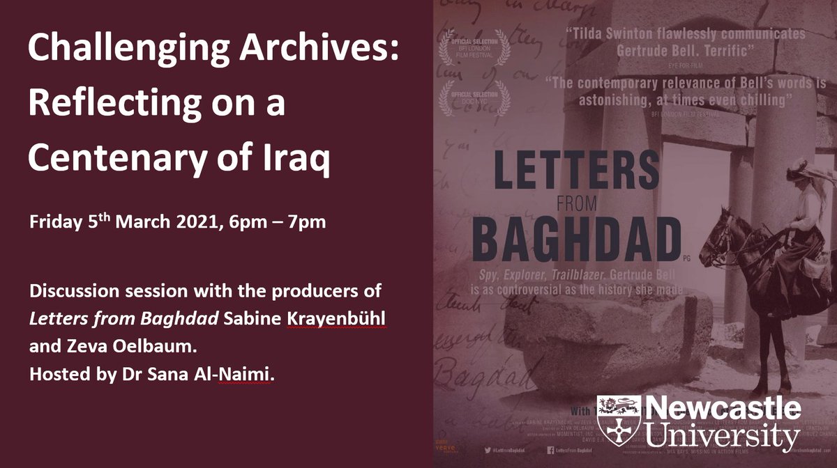 'Challenging Archives: Reflecting on the Centenary of Iraq'!
Please, join us today at 6pm for the discussion with the producers of ‘Letters from Baghdad’ Sabine Krayenbühl and Zeva Oelbaum, hosted by Dr Sana Al-Naimi.
👉bit.ly/3pvNWX3