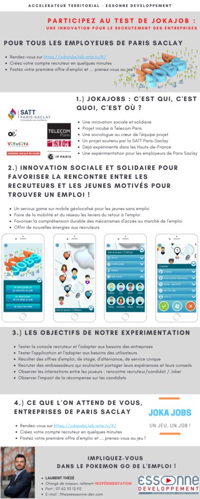 EssonneDev's tweet photo. #emploi #essonne #seriousGame #mobile #recruteurs #expérimentation #entreprises #pme #essonneDev Expérimentation pour l’APPLICATION JOKAJOBS, un serious game sur mobile géolocalisé pour les jeunes sans emploi https://t.co/VTngSsjB42