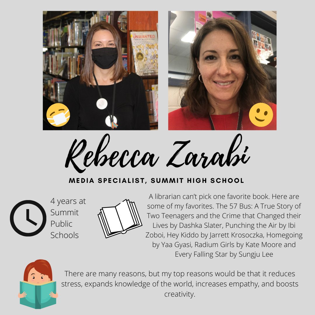 SummitSchoolsNJ's tweet photo. We head over to Summit High School to get to know media specialist Rebecca Zarabi! See what her favorite books are and why reading is important below ⬇️ https://t.co/ytWcOodnU6