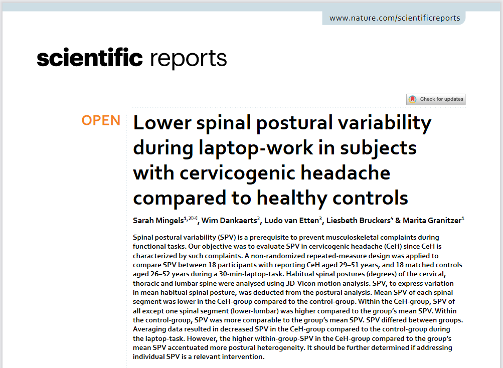 Lower spinal postural variability during laptop-work in subjects with  cervicogenic headache compared to healthy controls