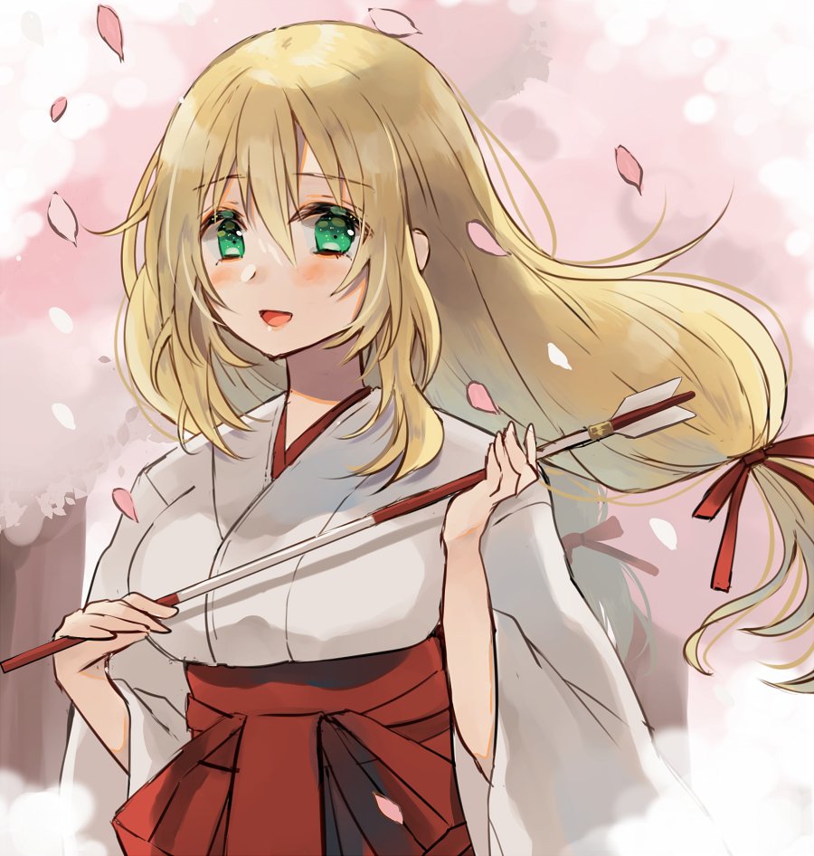 atago (kancolle) 1girl long hair blonde hair solo japanese clothes miko red hakama  illustration images