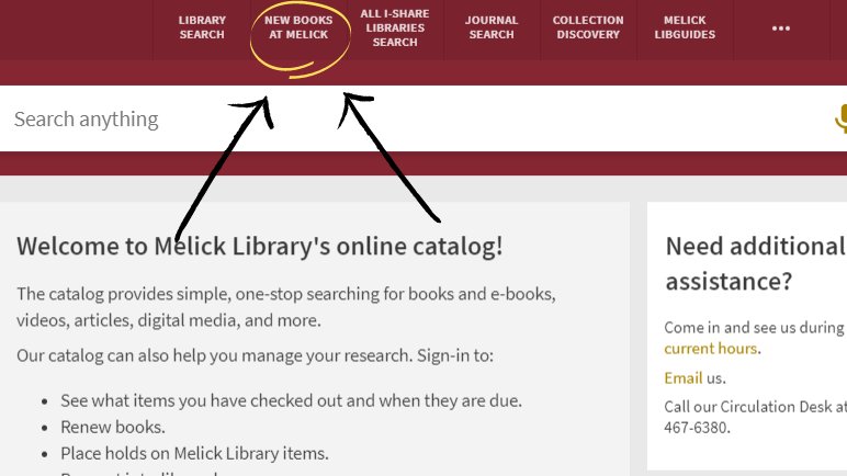 Melick_Library's tweet image. Want to know what's new at Melick? Check out our New Books at Melick page, found on the menu at the top of our catalog. Click below, and start browsing our newest materials today. 

i-share-erk.primo.exlibrisgroup.com/discovery/sear…