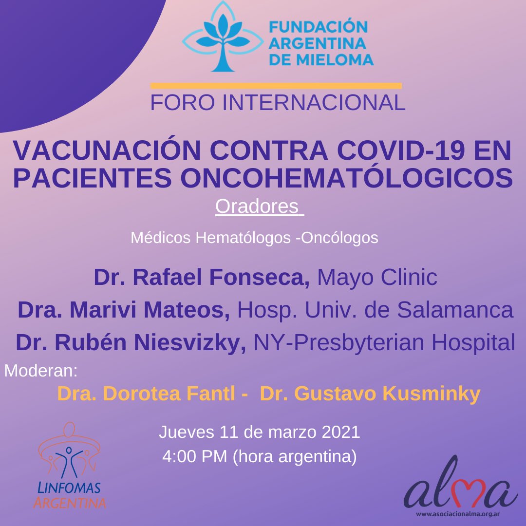 Foro Internacional sobre "Vacunación contra Covid-19 en #pacientes #oncohematólogicos” 
Jueves 11 de marzo- 16 hs (argentina) en vivo por nuestro canal de Facebook: facebook.com/fundacionargen… 

#vacuna #covid_19 #vᴀᴄᴜɴᴀcᴏᴠɪᴅ19