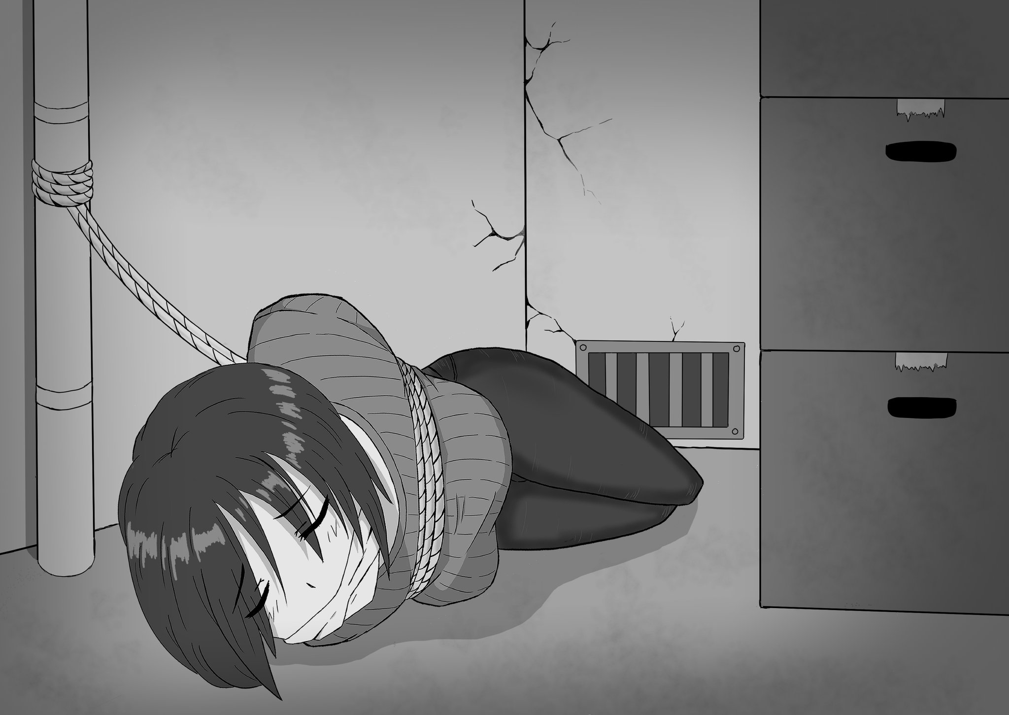 断頭台 性癖つめ込みイラスト 誘拐された女性は身代金受け取りまでの間 倉庫に監禁された 厳重に縛り上げられ 猿轡を噛まされた人質女性は 静かに横たわりながら助けが来ることを祈るしかなかった