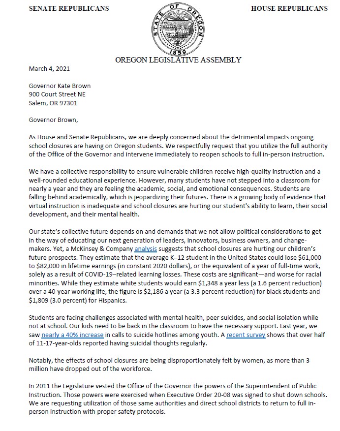 ORSenateGOP's tweet image. With @OregonHouseGOP, we are renewing our call for decisive action on school reopenings from @OregonGovBrown. 

Our kids' futures are on the line. They need to be back in the classroom. 

#orpol #orleg