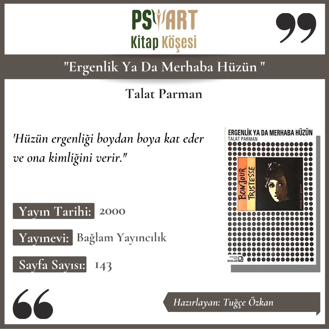 psiartorg's tweet photo. Kitap Köşesi’nde bu hafta: “Ergenlik Ya Da Merhaba Hüzün”
#TalatParman 
#ErgenlikYaDaMerhabaHüzün https://t.co/uMfRqFDp3R