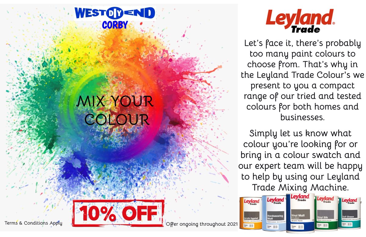 O.F.F.E.R- 10% OFF Leyland Trade Mixing Service, available now in our Corby Store. #leylandtrade #colourful #mixingmachine #painting #decorating #Offer2021 #instore #corby #mixyourcolour #homedecor #homedesign #colours