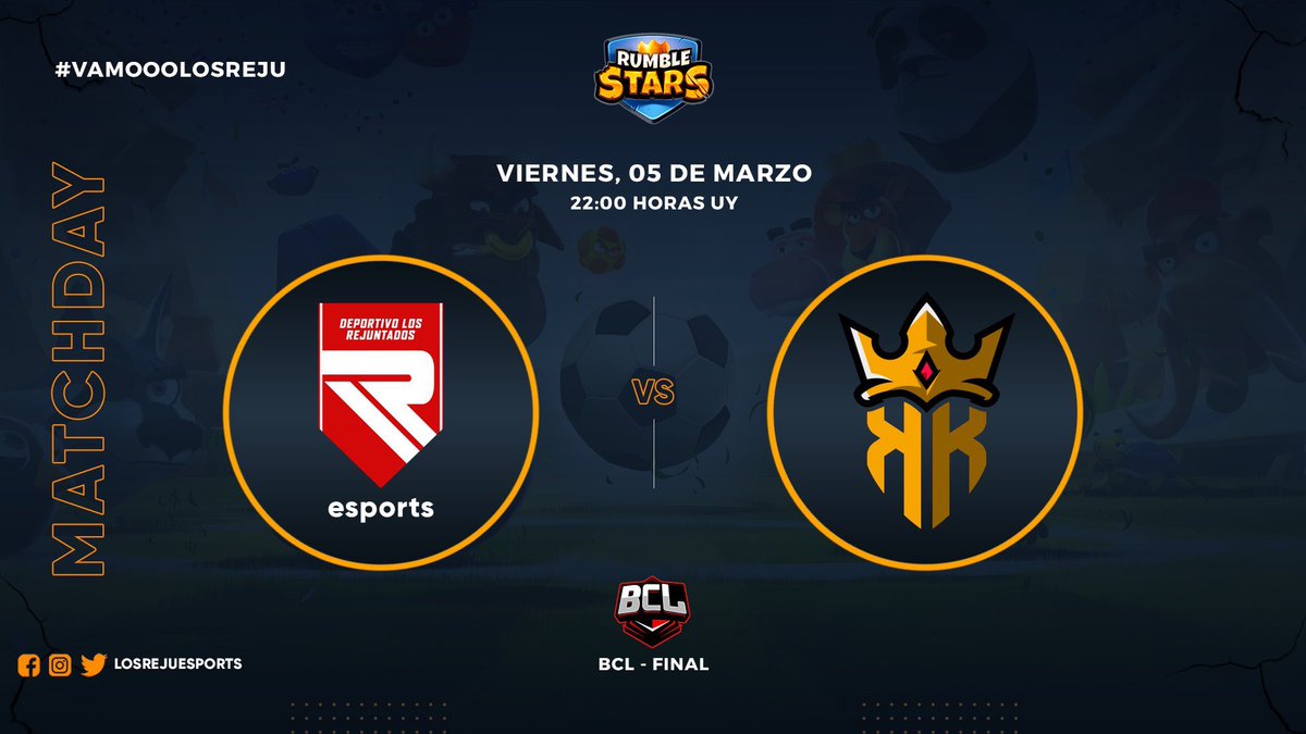 #RumbleStars • MATCHDAY

Se viene una nueva gran final contra nuestros amigos de KOK. Esperemos tener mejor suerte y traernos el trofeo.

🗓 Viernes 05/03/21

🏆 #BCL 
📋 GRAN FINAL
🆚 <a href="/KingOfKings_GG/">King Of Kings 👑</a> 
⏰ 22:00🇺🇾

#VamoooLosReju