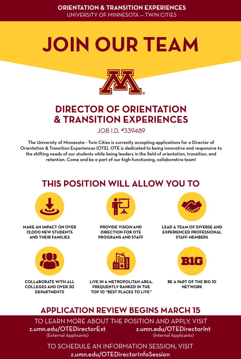 oteUMN's tweet photo. We're hiring a Director of Orientation &amp; Transition Experiences who will provide vision and direction for our office staff and programs.
Visit https://t.co/zn0GzBncuu (external apps) or https://t.co/dh8iw782ly (internal apps) for more info. App review starts Mar 15. #noda #otr https://t.co/aJkhCI2upF