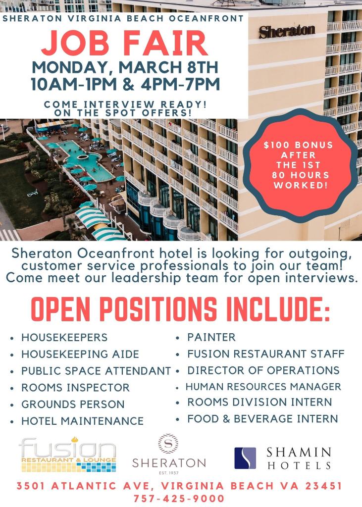 SheratonVBO's tweet image. JOB FAIR MONDAY MARCH 8
10AM-1PM &amp;amp; 4PM-7PM
Join our Winning Team!

#Directorofoperations #hrmanager #maintenance #painter #Housekeeper 
#newhire #employment #hospitality #hiring #jobsearch #careers #jobs #werehiring #sheraton #Shamin #Marriott