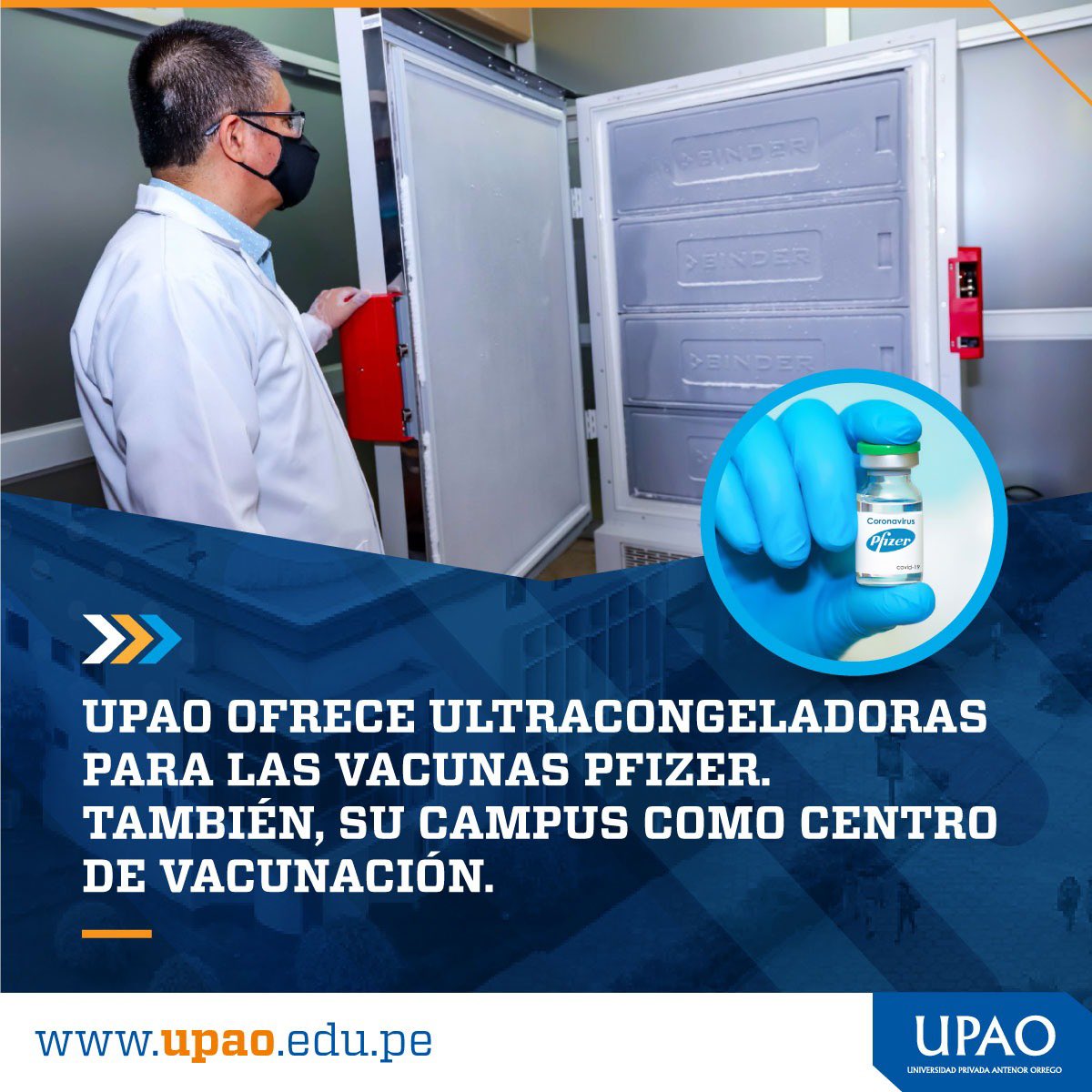 ¡Buenas noticias! Tras llegada de la vacuna Pfizer, nuestro compromiso con la región se mantiene en pie. Así es que hemos puesto a disposición dos ultracongeladoras; además de nuestro campus como centro de vacunación <a href="/SuneduPeru/">Sunedu</a> <a href="/Minsa_Peru/">Ministerio de Salud</a>
Conoce más: cutt.ly/BztWQhH
