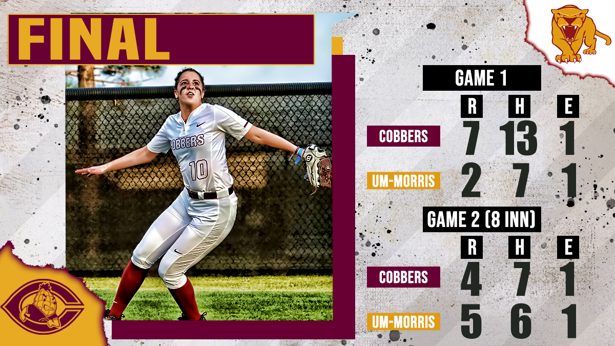 FINAL! Cobber softball splits with UM-Morris in the season opener.
- Kenzie Leither ⬇️ goes 5-for-7 w/ 2RBI
- Riley Irmen goes 6-for-8 w/ 3RBI    
- Amber Taylor gets the 🇼 in Game 1
- Freshman Landry Maragos is 3-for-3 in Game 2
Up Next: host UM-Crookston on Sunday @ 1:00