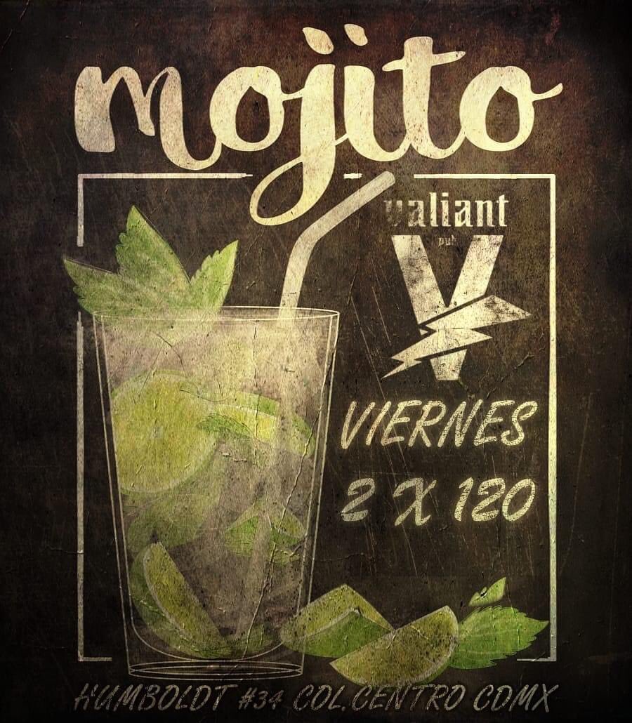 Cuenta la historia que a finales del siglo XVI en la isla de cuba un corsario combinó aguardiente, azúcar, menta, limón y otras hierbas dando por resultado lo que hoy conocemos como “mojito” 
No te pierdas de esta bebida este viernes en retro Valiant Pub 👌😉🍹🍹