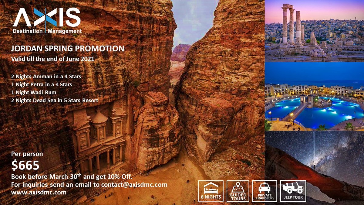 axisdmc's tweet photo. Book before March 30th and get 10% off
#traveller #travelplanner #grouptravel #trip #wadirum #amman #holidays #tours #traveldeals #amman #traveloffers #travelideas #justtravel #getaway #traveldesire #dailyoffers #petra #beautifuldestinations #deasea #travelpackage https://t.co/PVByrRUcjJ
