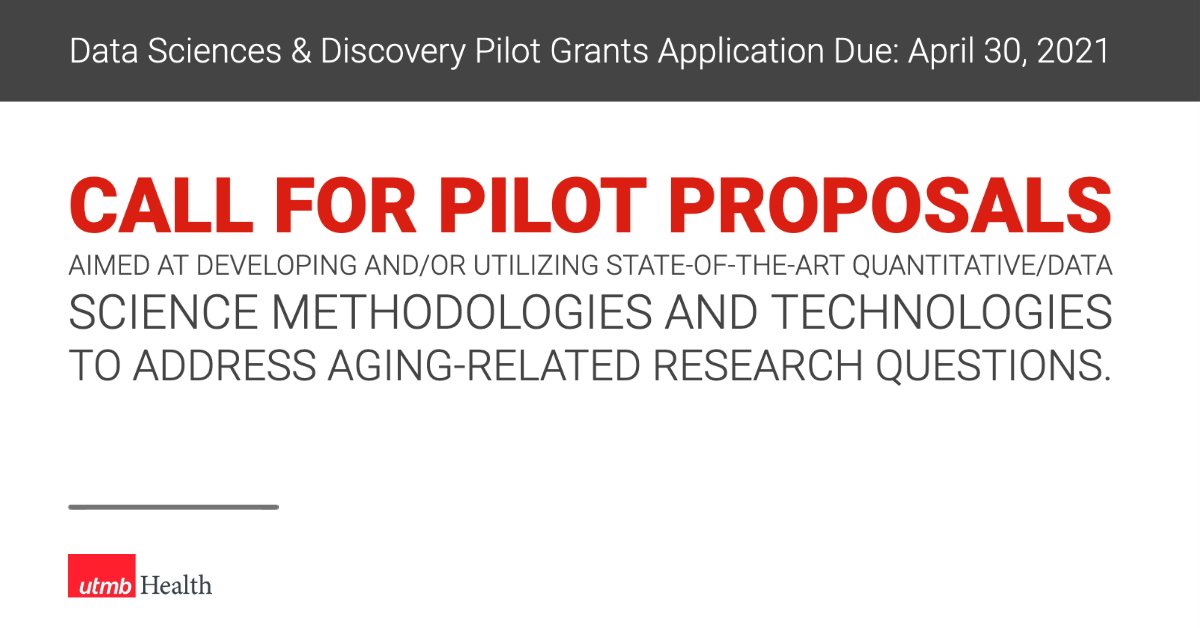 UTMB_RehabSci's tweet photo. UTMB Researchers: CALL FOR PILOT PROPOSALS aimed at developing and/or utilizing state-of-the-art quantitative/data science methodologies and technologies to address aging-related research questions. Applications Due April 30, 2021. Learn more https://t.co/tNFSmovjSO
#CeRPAN #CLDR https://t.co/gdOMdua8N2