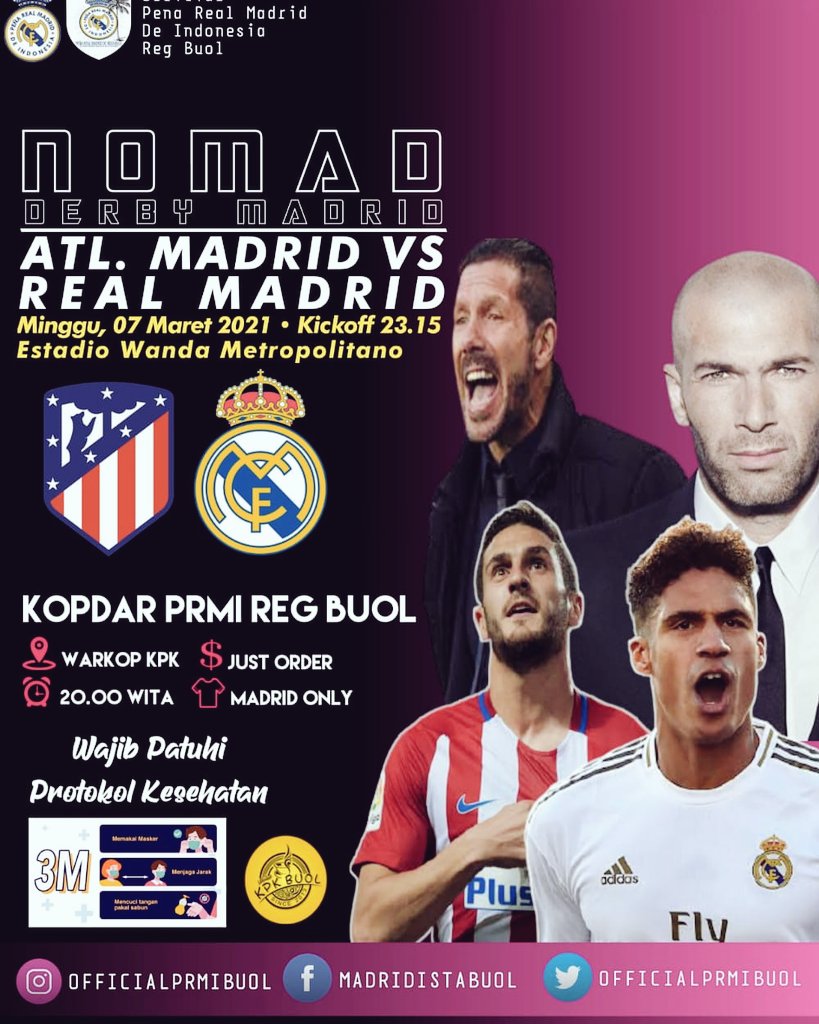 PRMI_RegBuol's tweet photo. NOMAD.....
La Liga Jornada 26
โฝAtletico Madrid vs Real Madrid
๐Minggu , 7 Maret 2021
๐Kick off pukul. 23.15 Wita
โ๏ธEstadio Wanda Metropolitano
๐บLIVE BEINSPORTS1
โWarkop KPK Buol
๐All about Madrid
๐ฐHTM Just Order
#HalaMadridynadamas #save3points #madridistaindonesia https://t.co/whBWUww4YP