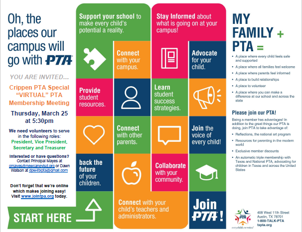 Please see the attached flyers for more information regarding our rescheduled Special Virtual PTA meeting on Wednesday, March 25.