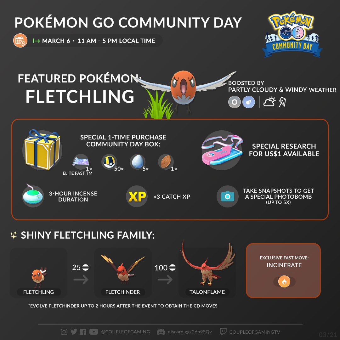 coupleofgaming's tweet image. If you have to grind XP make sure you don’t miss the upcoming #PokemonGOCommunityDay featuring #Fletchling 🐦 🔥 
Wishing you all the luck for #ShinyFletchling ✨

#PokemonGO