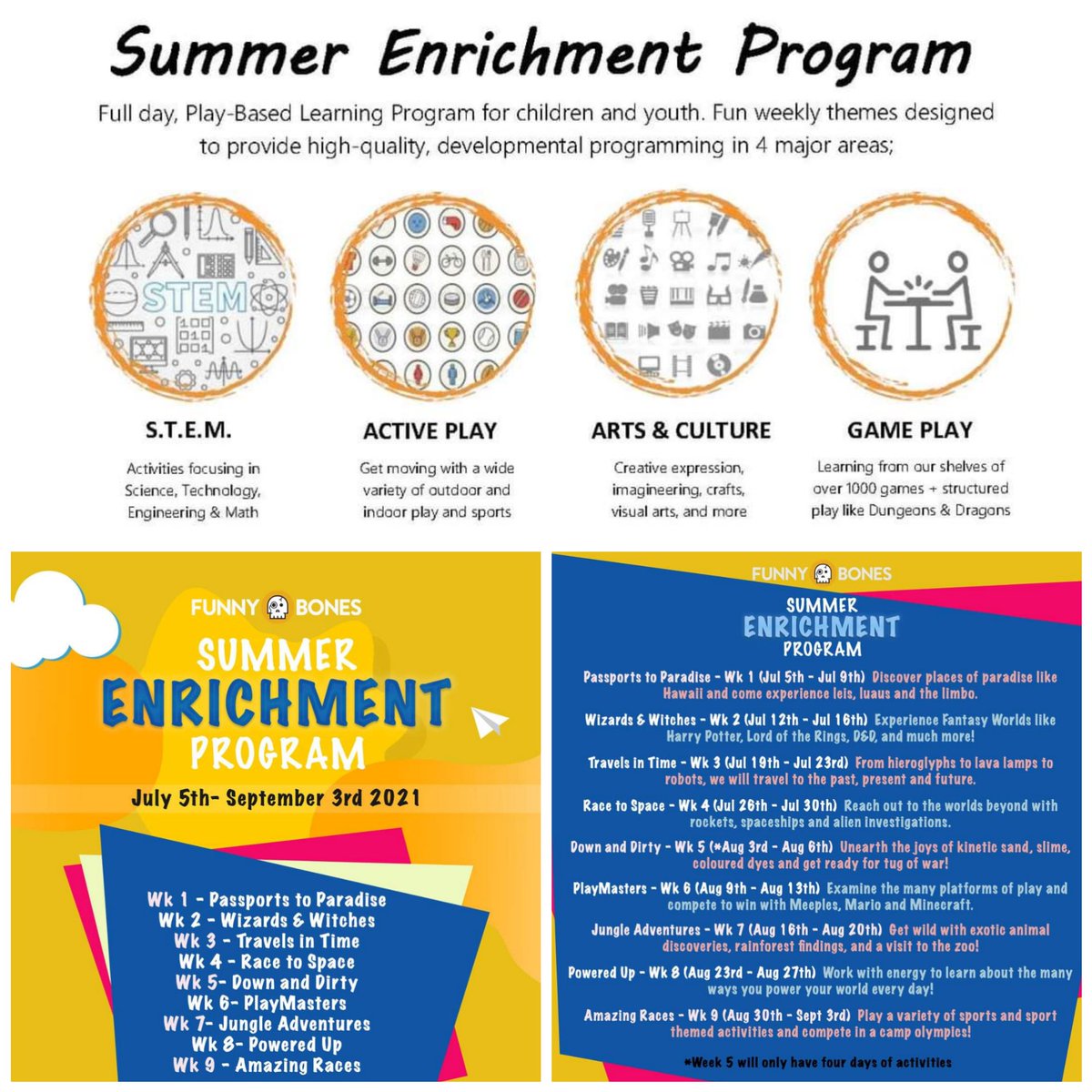 Funny Bones’ Summer Program offers qualified staff and the best experience. The 4 main themes are; Arts &amp; Culture, S.T.E.M., Game Play, Active Play. We love nurturing developing minds though play-based learning. Reserve your spot now! 15%off - Apr. 1st!
bit.ly/FunnyBonesSEP