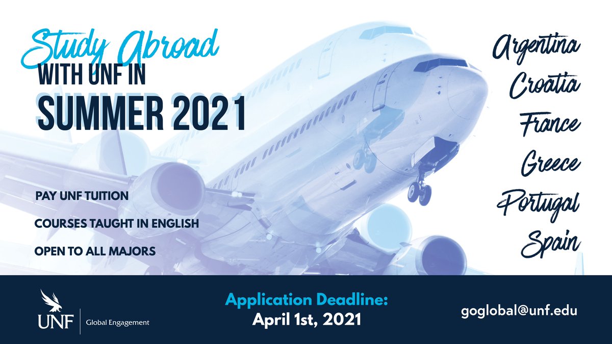 UNFStudentUnion's tweet photo. Are you looking to Study Abroad? UNF Global Engagement offers opportunities in Argentina, Croatia, France, Greece, Portugal &amp; Spain this summer. For more information, email goglobal@unf.edu. https://t.co/JIYWl3cpoA