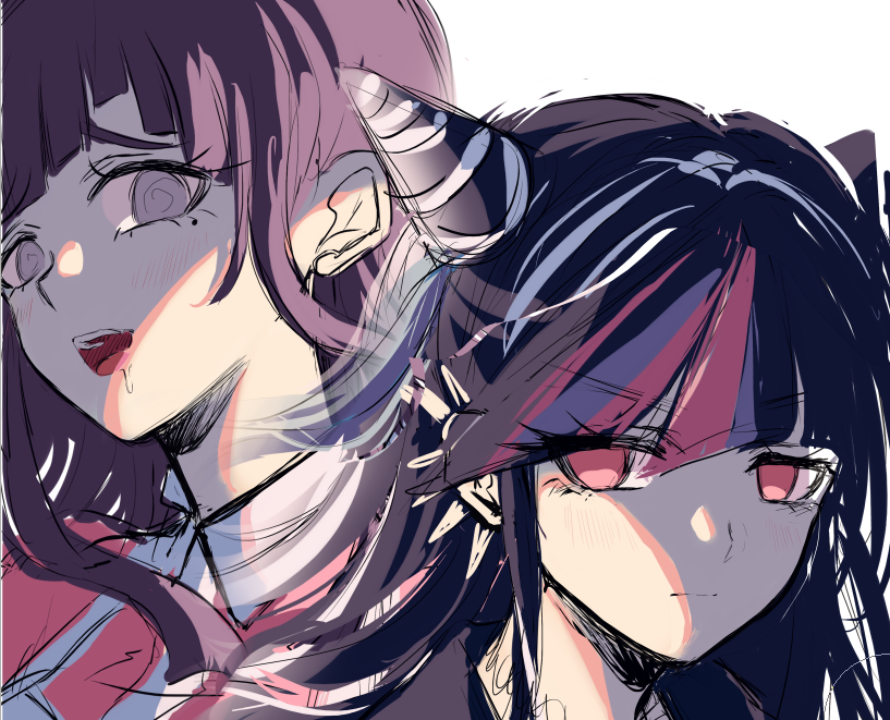 mioda ibuki ,tsumiki mikan multiple girls 2girls bangs long hair black hair hair horns pink hair  illustration images