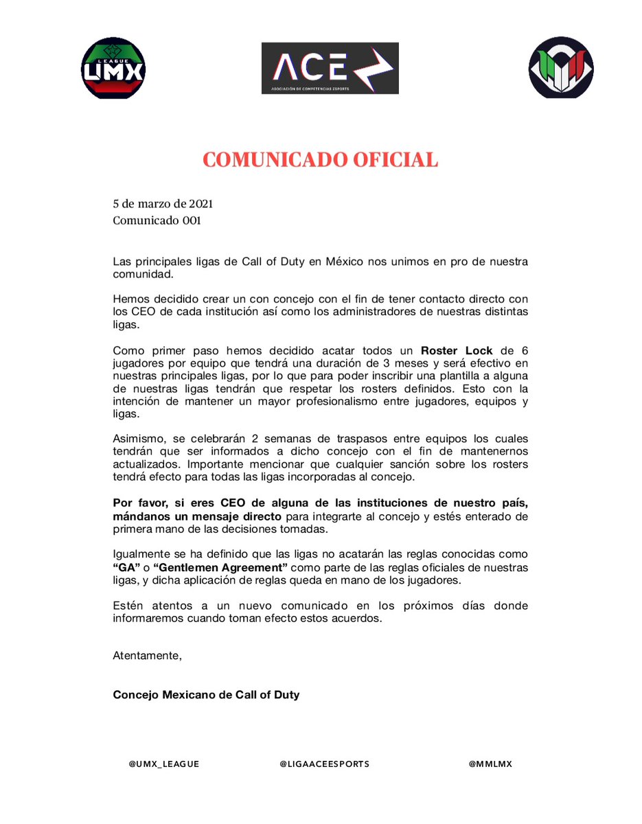 COMUNICADO OFICIAL: <a href="/ligaaceesports/">Liga Ace Esports</a>, <a href="/umx_league/">ULTIMATE MEXICAN LEAGUE</a>.