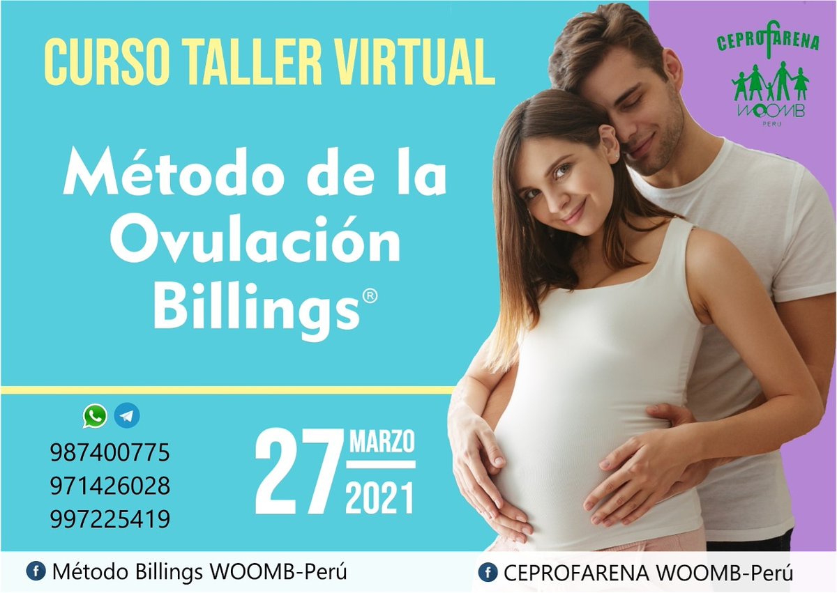 ceprofarena's tweet photo. Curso MÉTODO OVULACIÓN BILLINGS 
Insc
https://t.co/YJdnCnYltd
Públi Gral
Inic 27 marzo, Dura 2 mese
Clases: Sábad 7:30a10 pm
Vía:ZOOM,CANVAS
Incluy:
Curso,Kit MOB,Certificado
Pago único S/
80 person
120 pareja
BCP
19402079980088
SANCHEZ CRISTINA o DIAZ YANINA
#CursoMetodoBillings https://t.co/A69TavDQUx