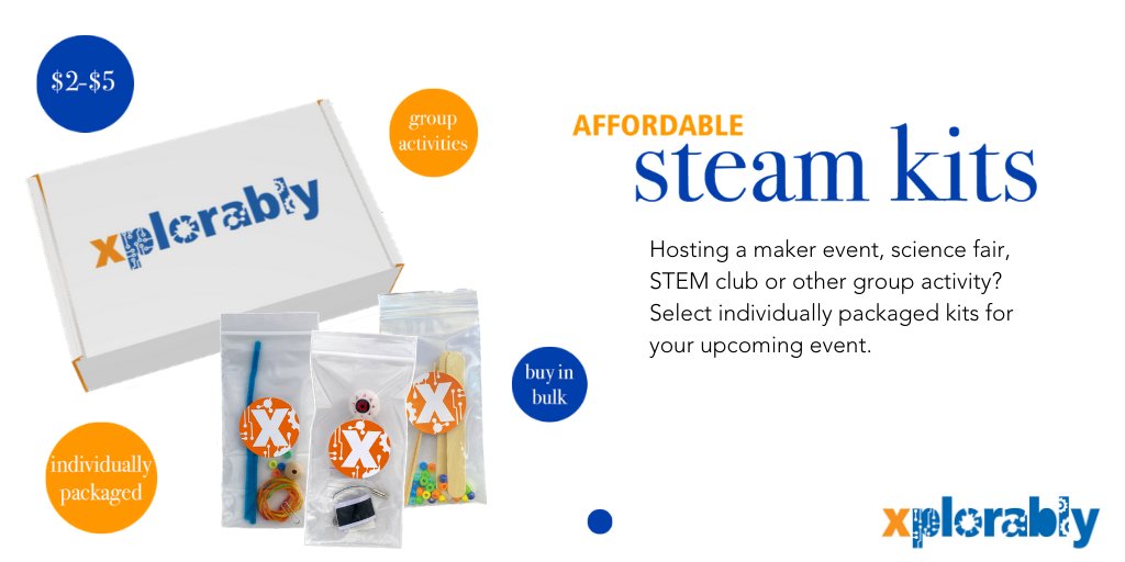Xplorably creates fun and educational individually packaged STEAM kits for kids in K-8.  Our kits are a perfect hands-on addition to your event or, select a series of your favorites, for after school enrichment classes, library programs or community group activities.