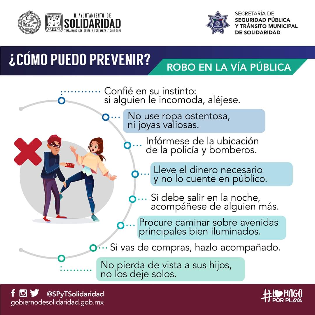 La Secretaría de Seguridad Pública y Tránsito Municipal pone a su disposición información relevante para evitar robo a transeúntes.

Con la colaboración de todos, sumamos esfuerzos para disminuir los índices delictivos en Solidaridad.

#ParaServiryProteger
#PolicíaCercanaalaGente