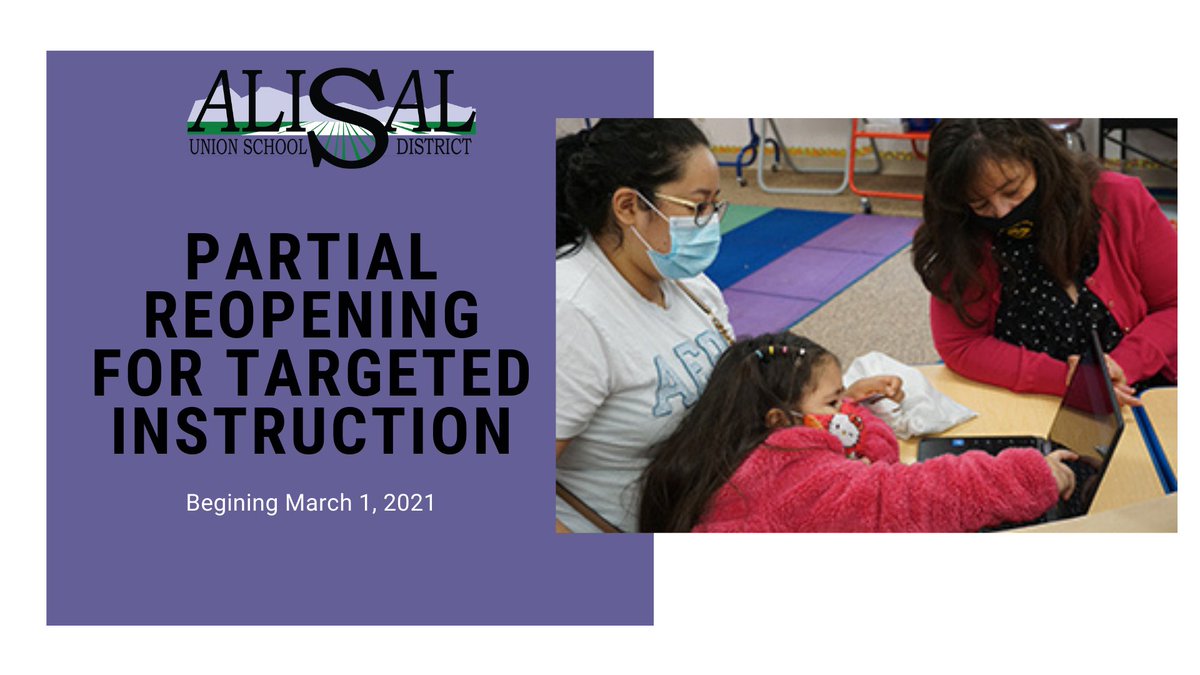 Alisal USD opened half of its schools this week for specialized instruction to some students. Visit our website for more information. alisal.org/site/default.a…