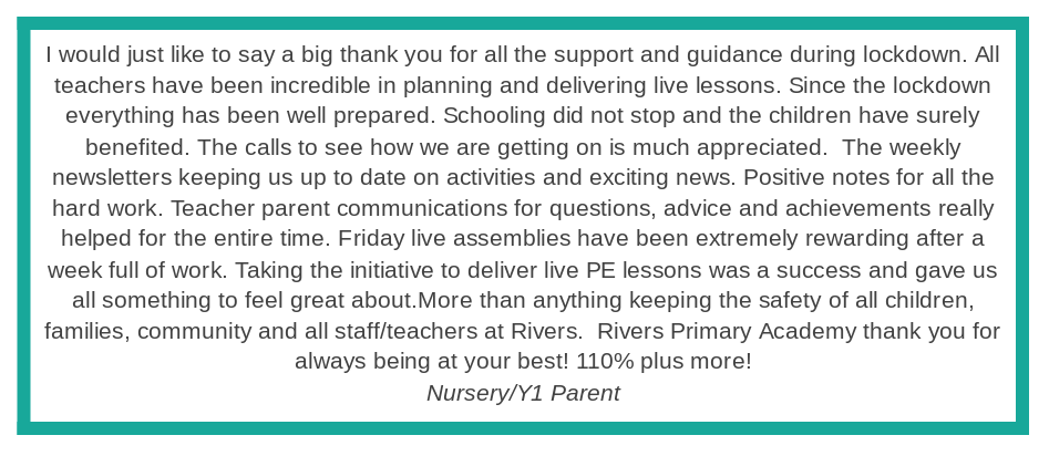 RiversPrimary's tweet photo. Lock down learning 2 done! #WATLearnsLive We've loved our daily live lessons but we are so excited about welcoming all of our children being to Rivers on Monday.  It's time to learn, create and play together again. #WeInspireToAspire https://t.co/IfyuINC3np