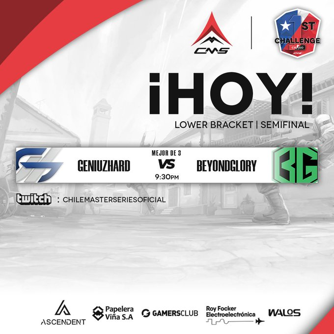 ¡Hoy tenemos mas <a href="/clmasterseries/">Chile Master Series</a>!

🇨🇱<a href="/geniuzhard/">GeniuzHard</a>🆚🇨🇱<a href="/beyondglory1/">beyondglory</a>
🕔21:30 hr
⚔️BO3

📺twitch.tv/chilemasterser…