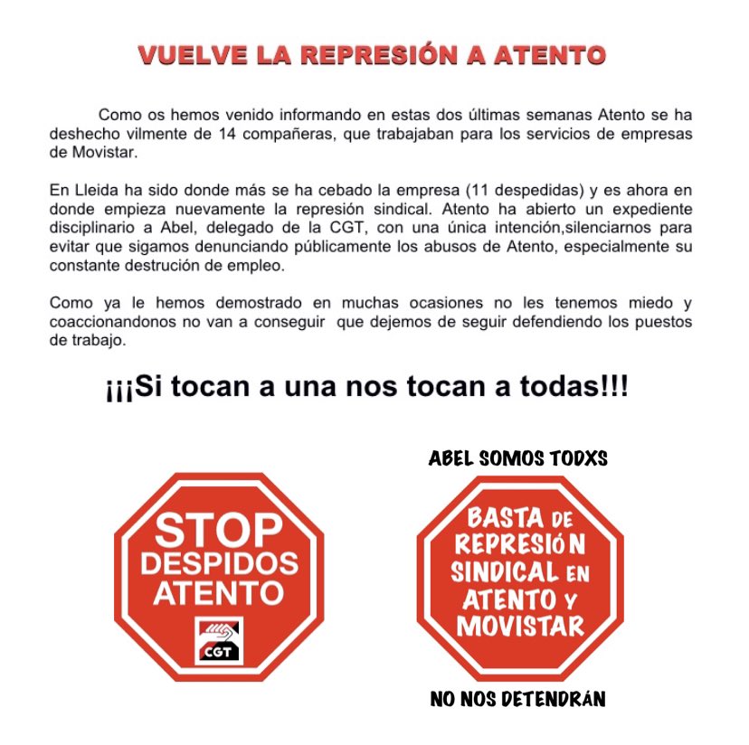 CGTEXTEL's tweet photo. La gentuza que dirige @AtentoCorp lleva mal que la #CGT denuncie los despidos y la precariedad laboral que se vive en esta empresa, por eso persigue a lxs delegadxs de este sindicato. 

Máximo apoyo a nuestro compañero Abel‼️

🔴 Stop represión sindical 

⚫ Stop despidos ATENTO https://t.co/dpgVyxV6oi