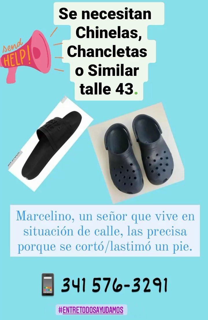 RosSolidaria's tweet photo. 🔴 Atención
Se necesita un par de Chinelas, Chancleta o similar Talle 43.

Son para Marcelino, un señor que vive en situación de calle, porque se cortó/lastimó un pie 
📱 341 576-3291 (mensaje)

Muchas Gracias https://t.co/RpdtAmRr15