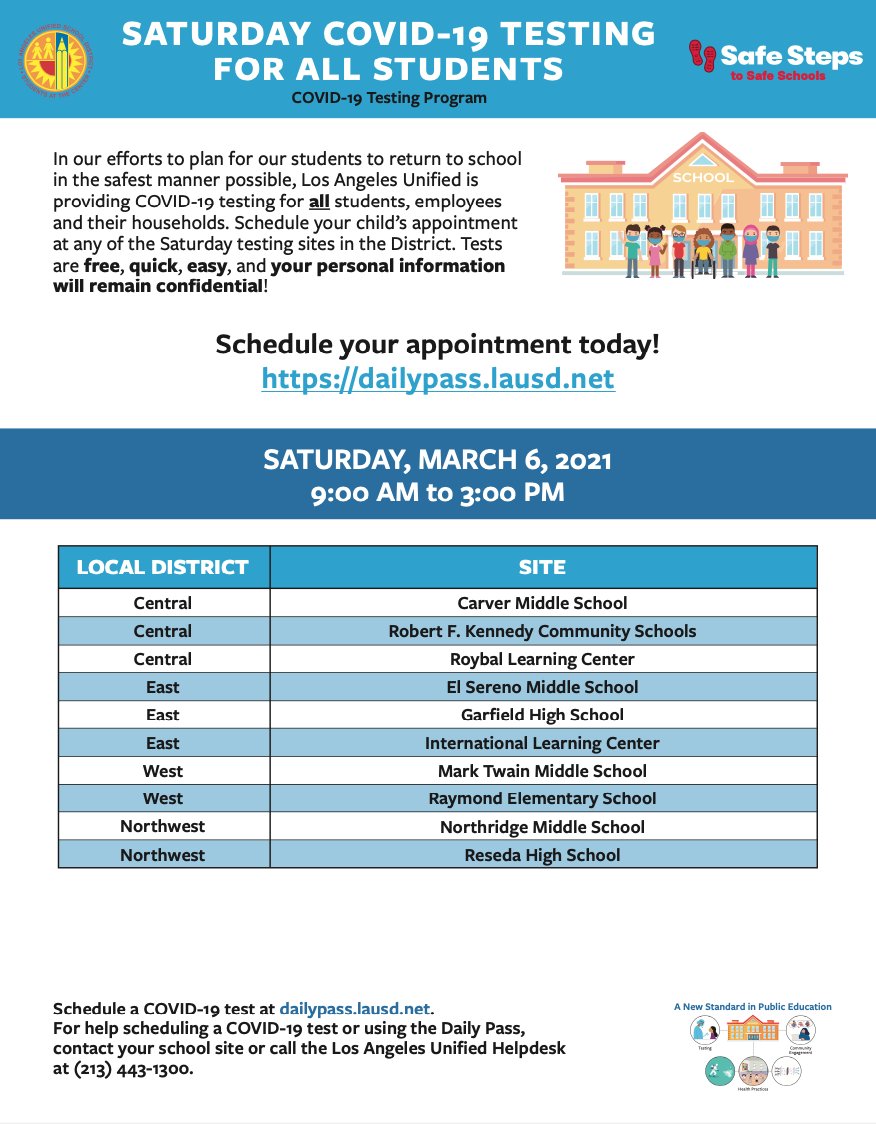 LASchools's tweet photo. There are many @laschools #covid19testing sites open this Saturday, March 6th from 9am-3pm. Little-to-no wait, quick and easy - get your results within 24-48 hours! https://t.co/aGAoRaNblJ