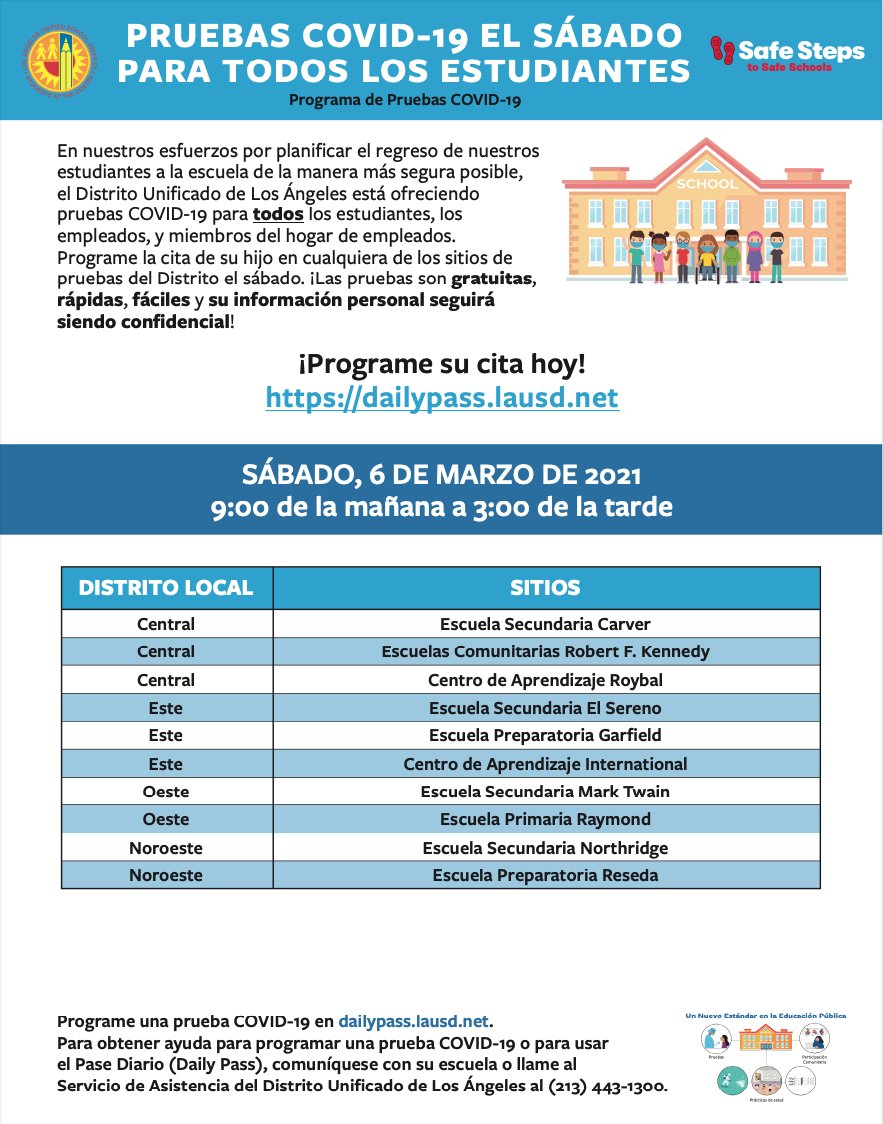 LASchools's tweet photo. There are many @laschools #covid19testing sites open this Saturday, March 6th from 9am-3pm. Little-to-no wait, quick and easy - get your results within 24-48 hours! https://t.co/aGAoRaNblJ