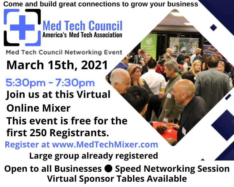 MedTechMonday's tweet photo. Med Tech Council Free Spring Networking Mixer on March 15th, 2021 Don't Miss it. - https://t.co/LSRqXntte7 https://t.co/B4Zry1uBOF