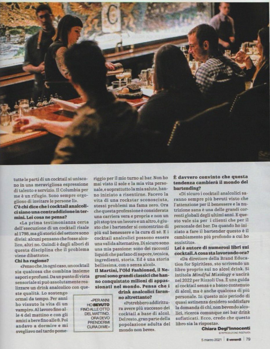 Thank you Mr Derek Brown @ideasimprove from @columbiaroom Washington) for the opportunity to interview with you regarding #Mixology, non-alcohol spirits, special Presidential cocktails. Here, you find weekly magazine, <a href="/ilvenerdi/">Il Venerdì di Repubblica</a> related top newspaper <a href="/LaRepubblica_it/">La Repubblica It</a>