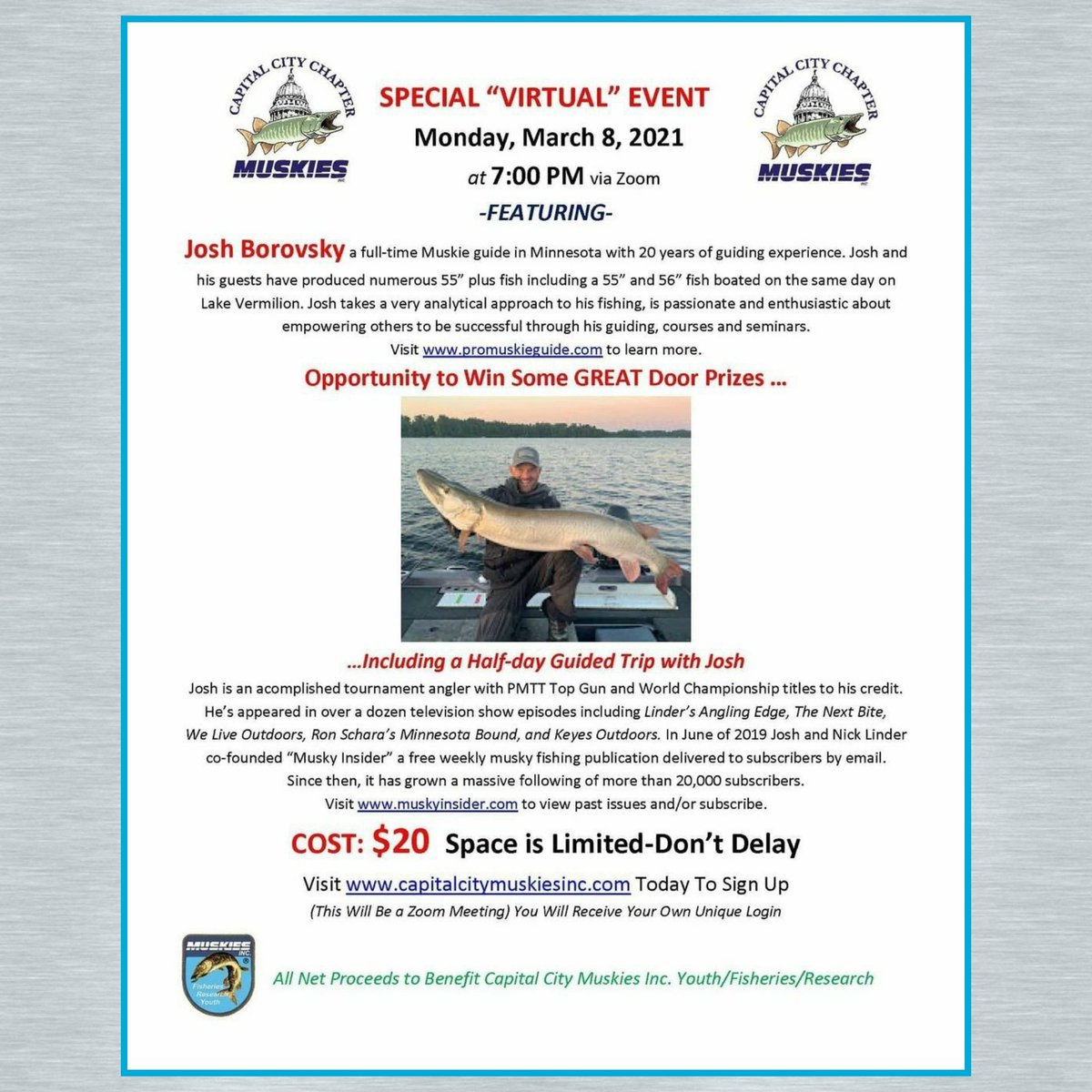 CapCityMuskies's tweet image. Before you get started with your weekend be sure to mark your calendars and register for our next online muskie fishing event this Monday night with MN Muskie Guide, Josh Borovsky! 🎣 #CCMI #MuskiesInc Info here➡️
capitalcitymuskiesinc.org