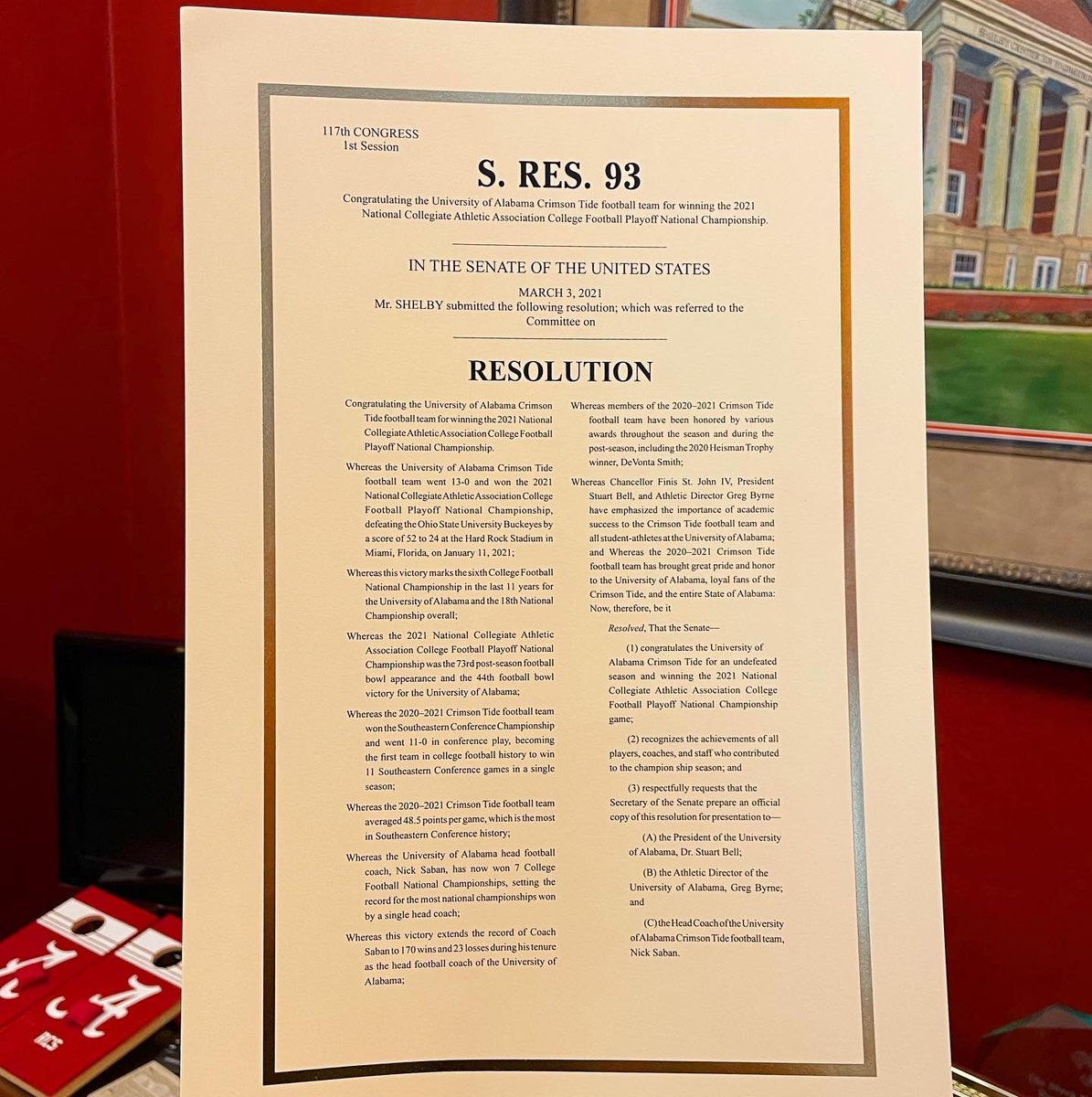 SenShelby's tweet photo. The Senate has passed my resolution commending the @UofAlabama Crimson Tide on winning the 2021 @NCAA College Football Nat'l Championship – the 18th Nat'l Championship for @AlabamaFTBL, and 6th in the last 11 years. I’m proud to formally recognize this achievement. #RollTide https://t.co/xnYt50KVNq