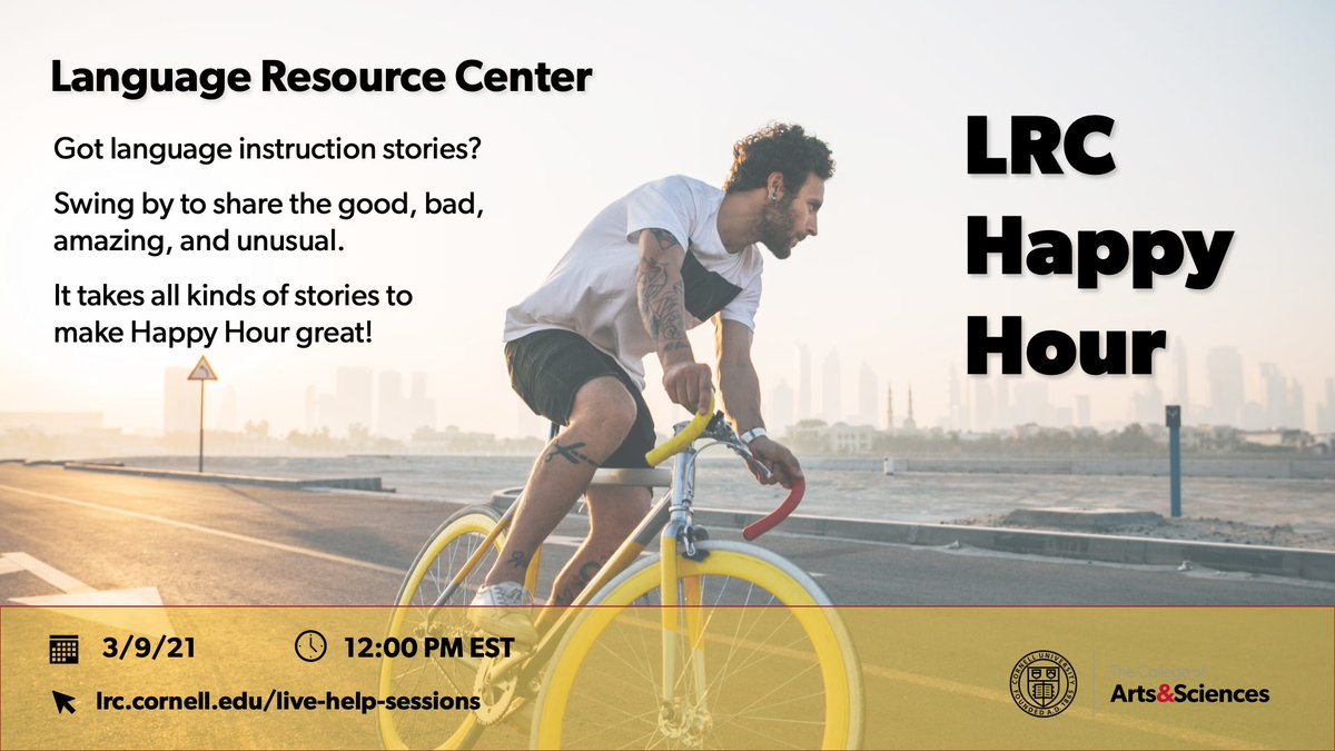 CornellLRC's tweet photo. Save the date!
LRC Happy Hour next week (TU, 3/9) at 12p on Zoom.
Swing by. Fun guaranteed!

https://t.co/0xfZXAxDLk

#CornellLRC #CornellLanguages #CUattheLRC
#happyhour #languagelearning

@CornellCAS @AfricanaCU @CornellNES @CornellROMS @EinaudiCenter @SAPCornell @seapcornell https://t.co/EaW9sPBF5h