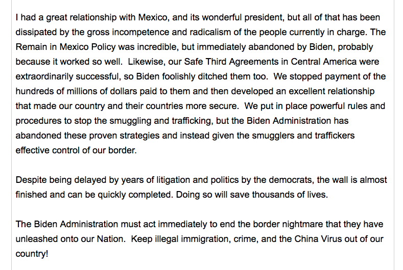 MZHemingway's tweet photo. Former President Trump addresses Biden's border crisis. https://t.co/MRwhDai3eJ